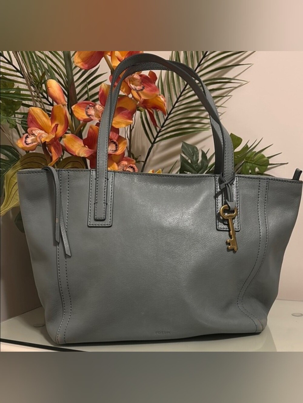Fossil Emma Tote Bag Shoulder Purse Leather Steel Blue Color